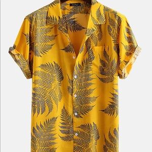 Men’s Yellow Leaf Print Button down NWT Large